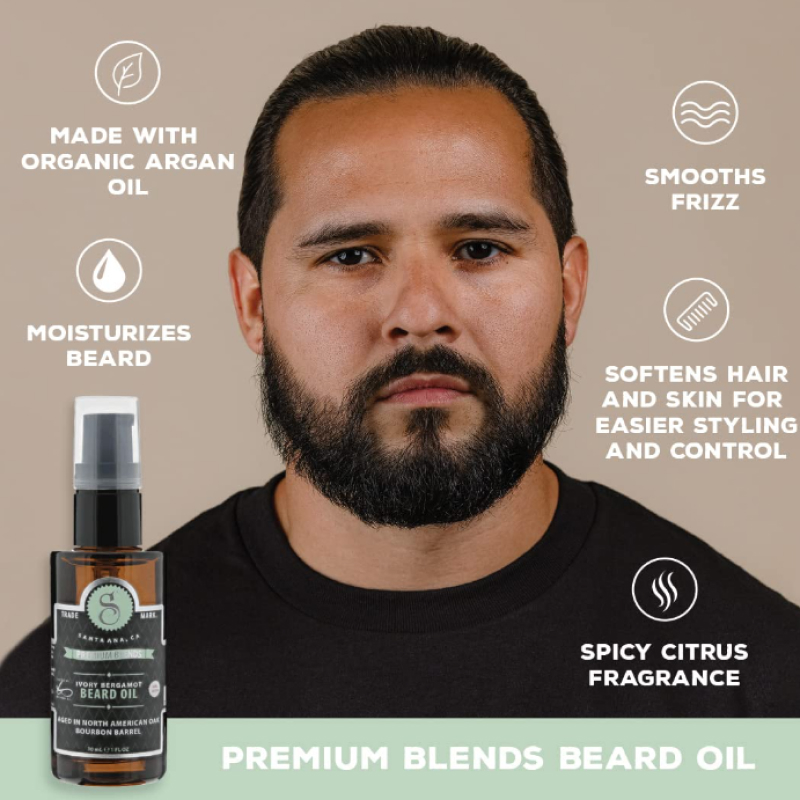 Suavecito Premium Blends Beard Oil icon overlay with product benefits