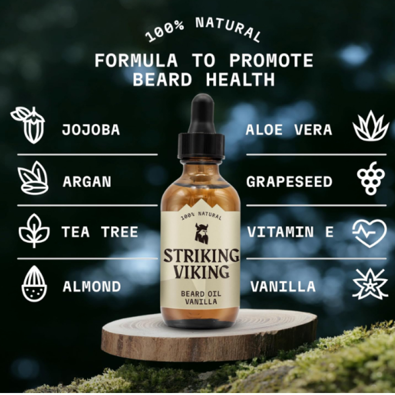striking viking vanilla beard oil features